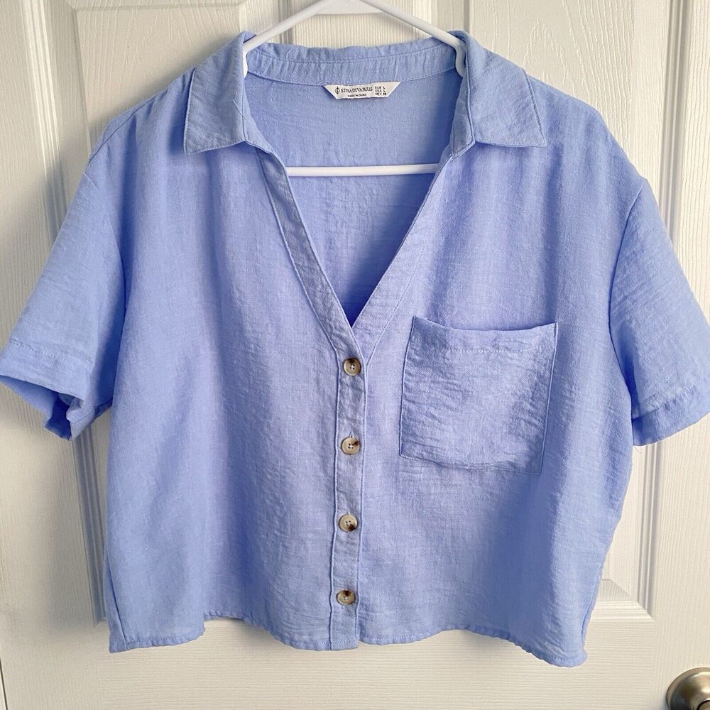 ASOS Crop Top Womens Large Stradivarius linen look short sleeve boxy baby blue L